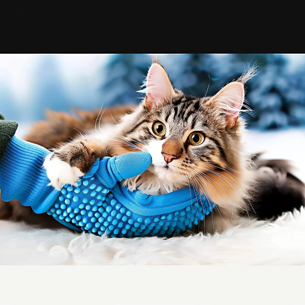 A cat grooming glove holding a cat