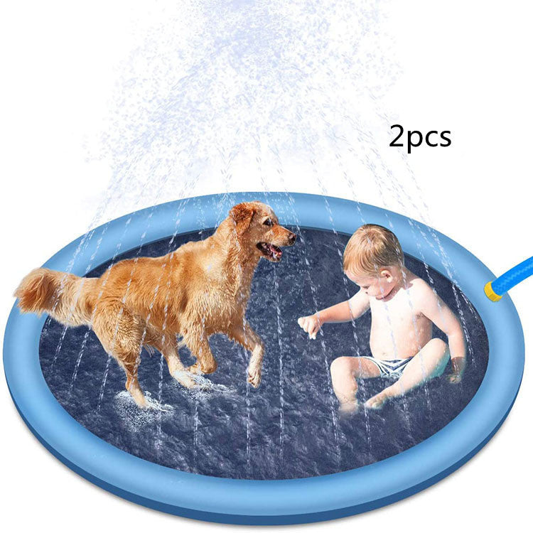 Splash Pad for Dogs, young child playing with a dog in the pool