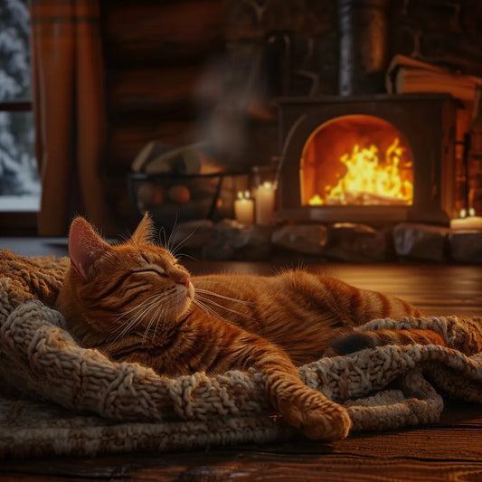 An orange moggy cat is lying blissfully on his heated cat bed looking happy and content. 