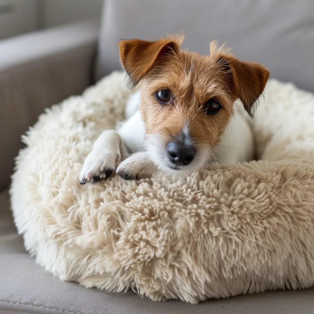 Cute Dog on his Premium Pet Bed and Mat looking comfortable 