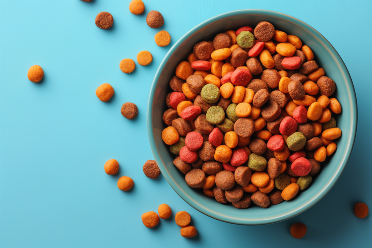 Colorful pet food in a blue bowl with scattered kibble on a light blue surface.