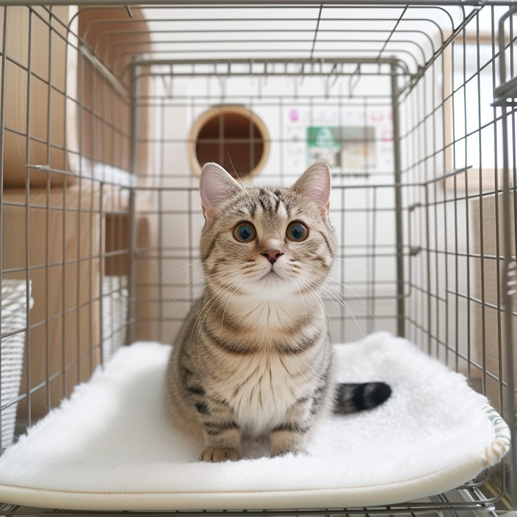 Adorable tabby kitten in a spacious, comfortable pet carrier with a soft cushion inside. 