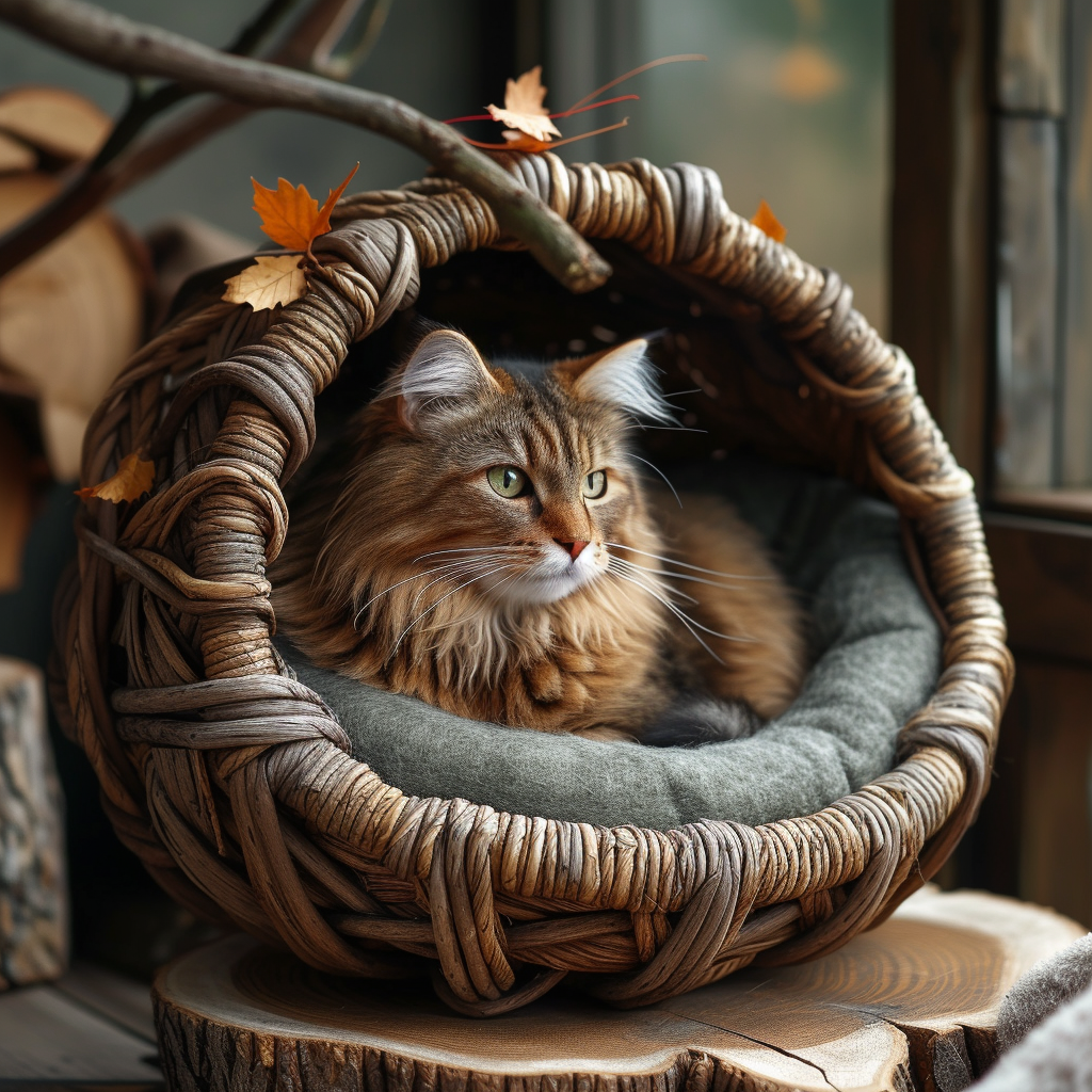 Tabby cat lounging on a stylish wooden pet hammock, enjoying the natural sunlight.