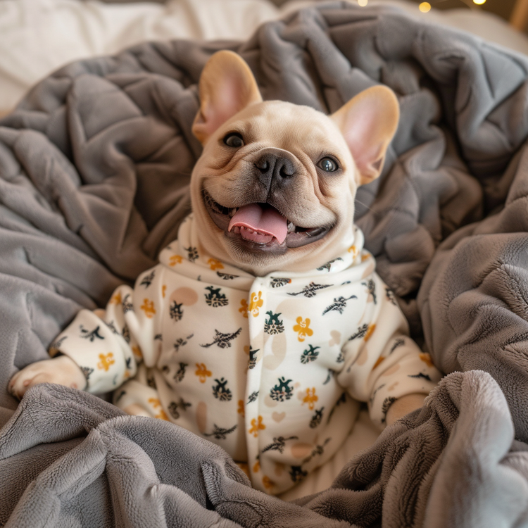 A happy French Bulldog wears patterned pet clothing while nestled in a cozy gray blanket, exuding warmth and joy. 