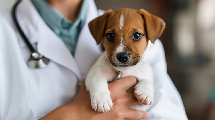 Veterinarian holding an adorable puppy with care, embodying the importance of a Pet First Aid Kit. 