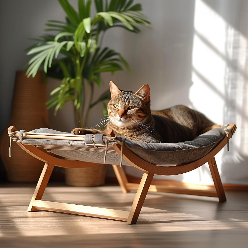 Tabby cat lounging on stylish wooden pet furniture bathed in warm sunlight