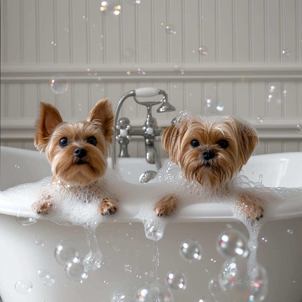 Two small dogs in a vintage bathtub with bubbles, capturing a charming moment of pet grooming. 