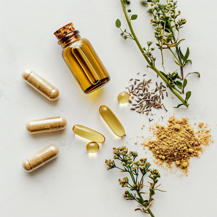 Pet health supplements include capsules, an oil bottle surrounded by herbs, seeds, and powder on a white surface.