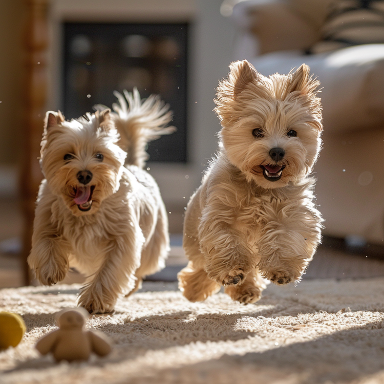 Two fluffy dogs cheerfully leap on a sunlit carpet with pet toys scattered around.