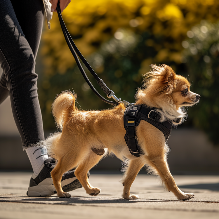 Small dog on a leash being walked, showcasing effective pet training products.