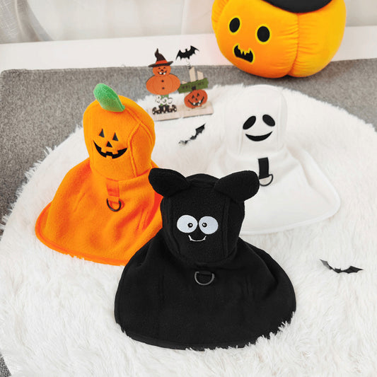 Halloween pet costume cloak for dogs and cats - orange pumpkin, white ghost, and black bat cape designs displayed together