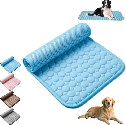Ice silk pet cooling mat shown rolled up in blue with color options in pink, coffee and grey, and dogs relaxing on the blue mat