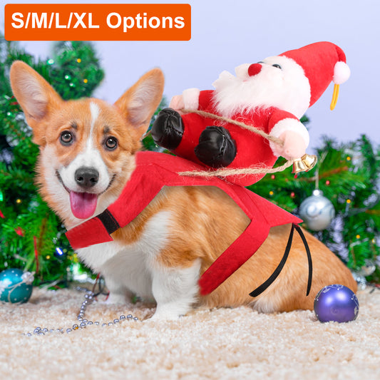 Corgi dog wearing Santa Claus riding costume with jingle bells by Christmas tree, available in S/M/L/XL sizes