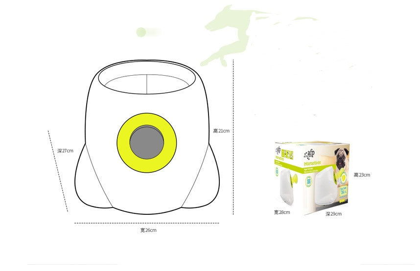 A white automatic ball thrower for dogs with bright yellow accents and tennis balls.