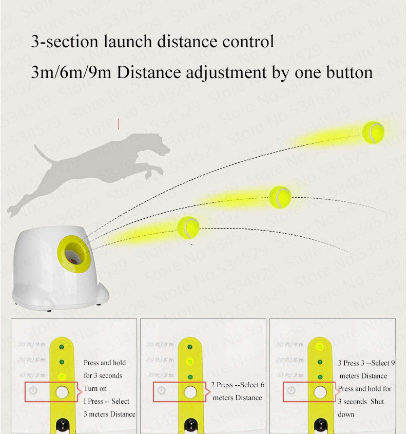 A white automatic ball thrower for dogs with bright yellow accents and tennis balls.