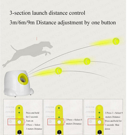 A white automatic ball thrower for dogs with bright yellow accents and tennis balls.