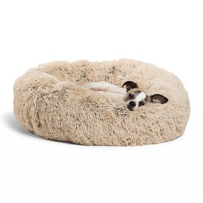 A cozy beige cat bed with a happy small dog in it 