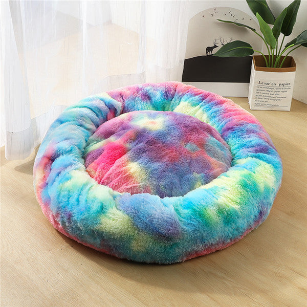 A cozy multicoloured cat bed 