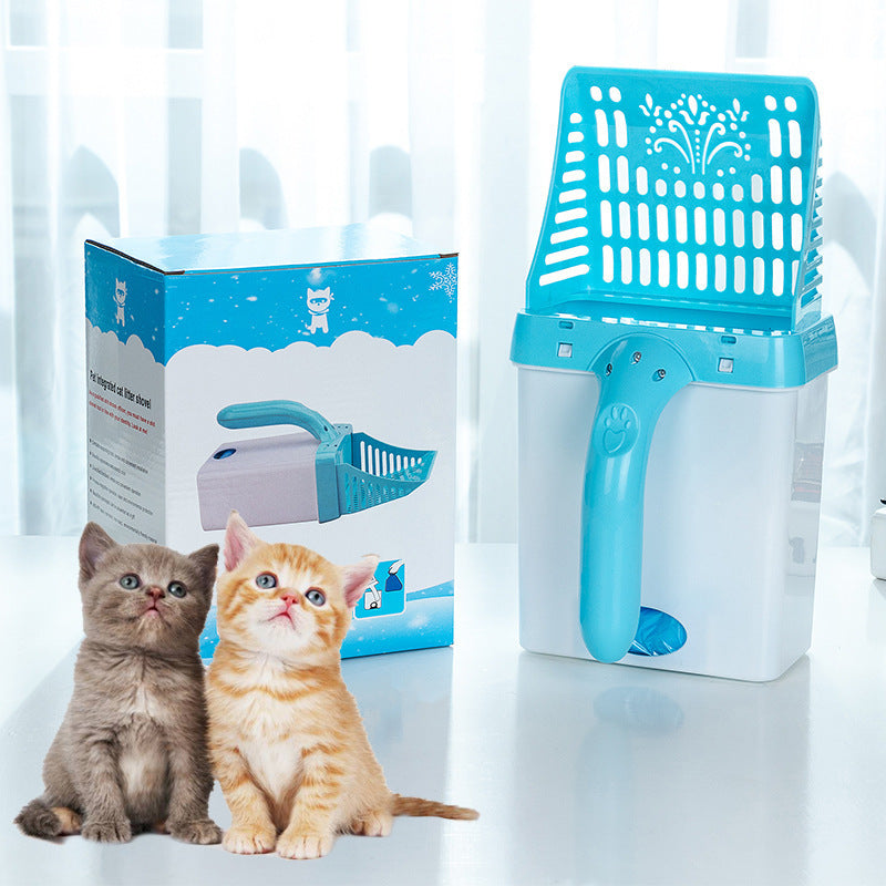 Two kittens beside a blue Cat Litter Sifter, showcasing cuteness and utility in a bright room.