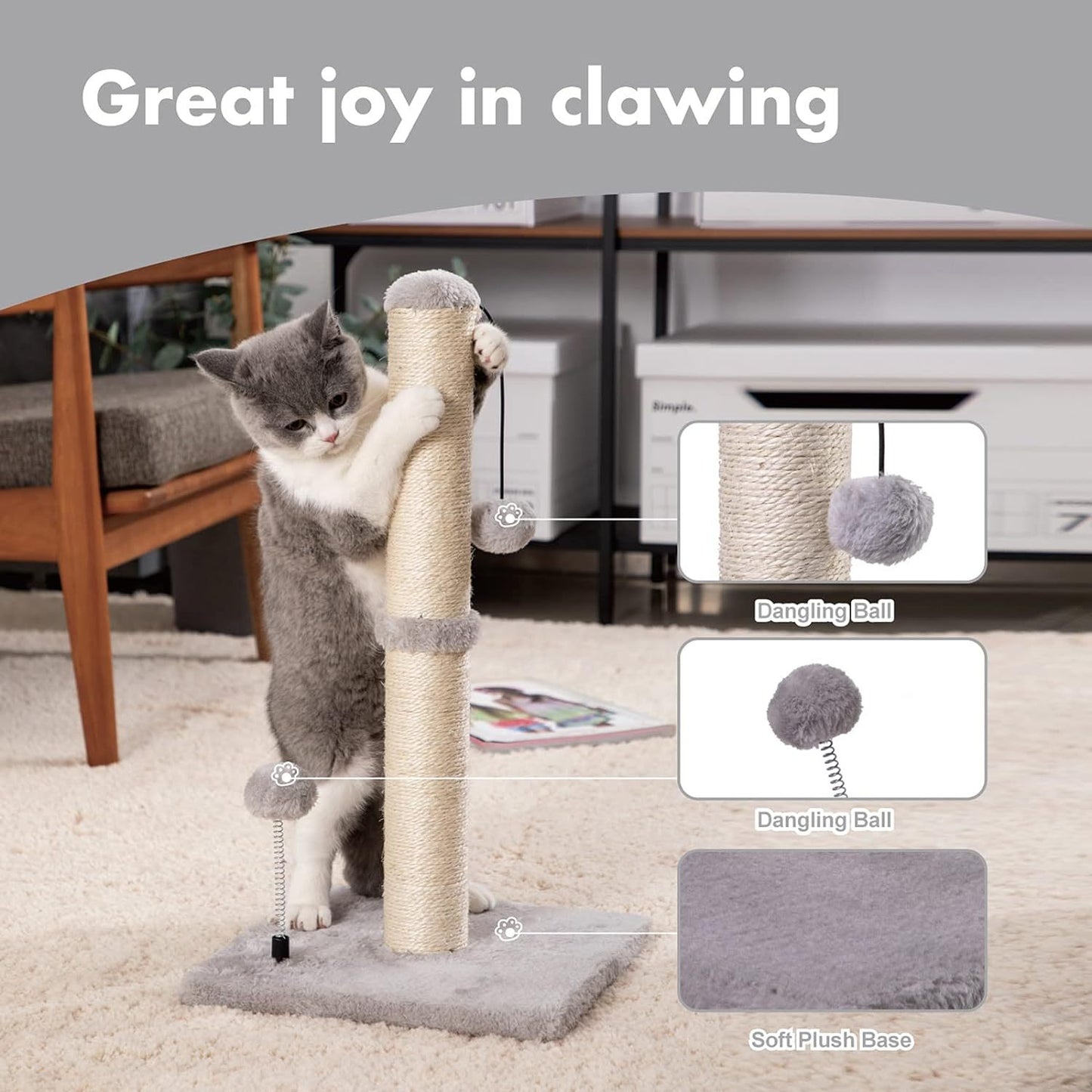 Cat Scratching Post Instructions and showing a cat having fun 