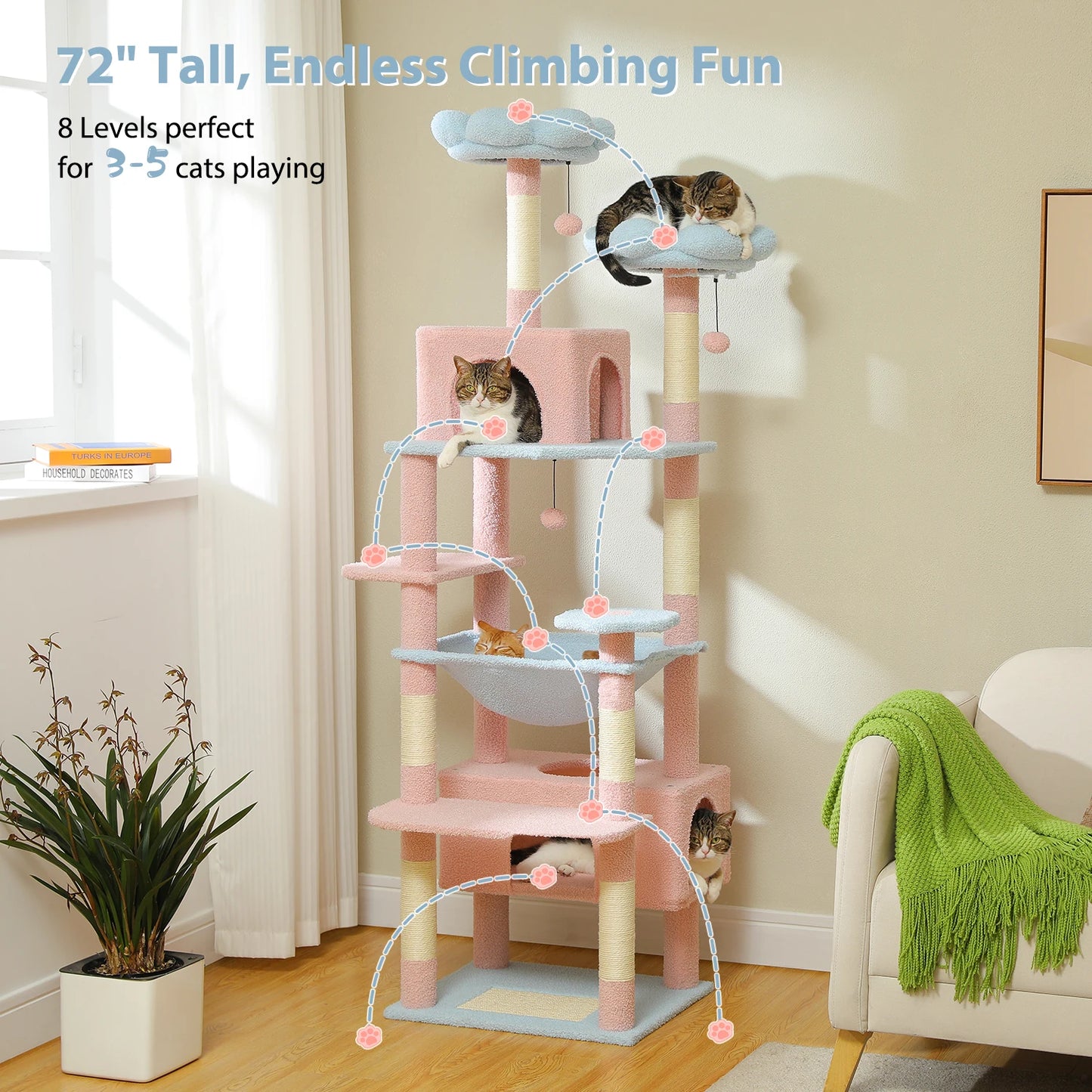 Cat Trees With Cats Playing Happily on a 72 inch cat tree 