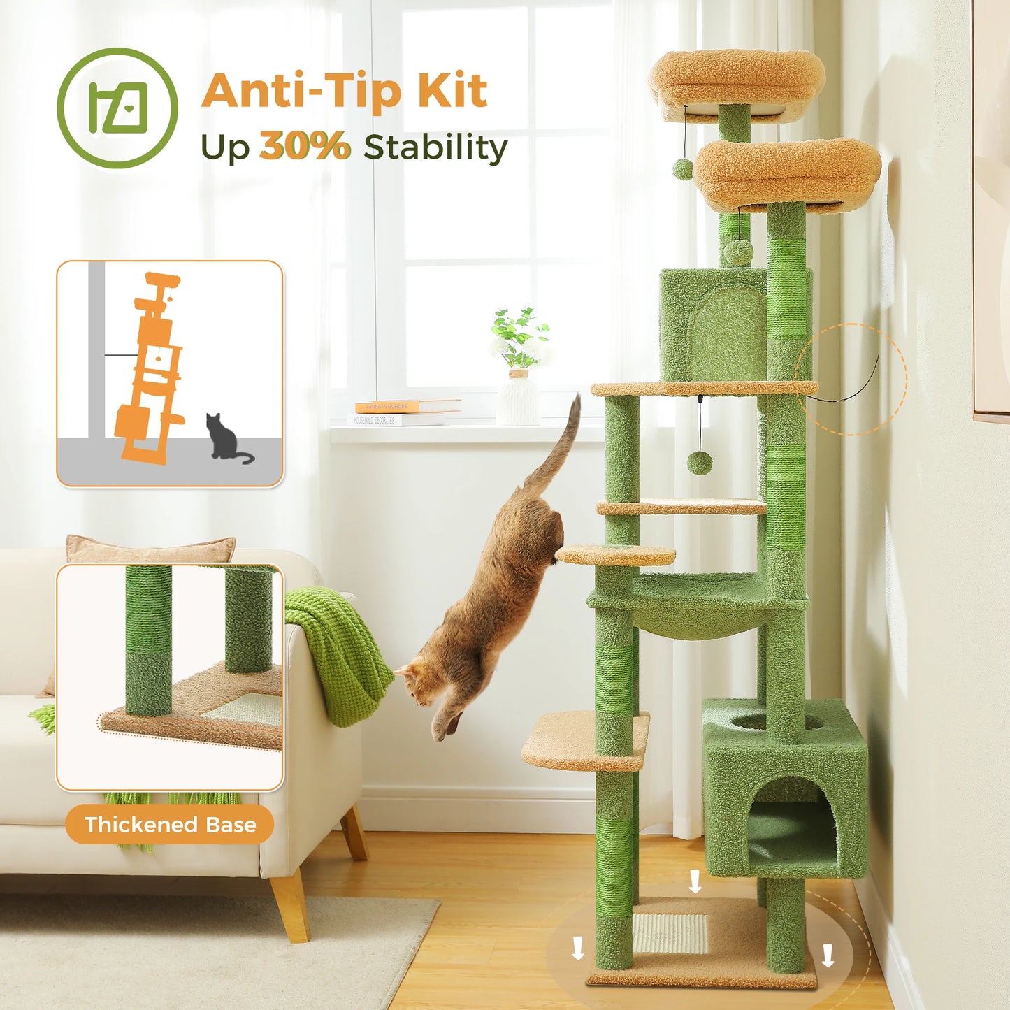 Cat Trees With Cats Playing Happily wth an anti tip kit 