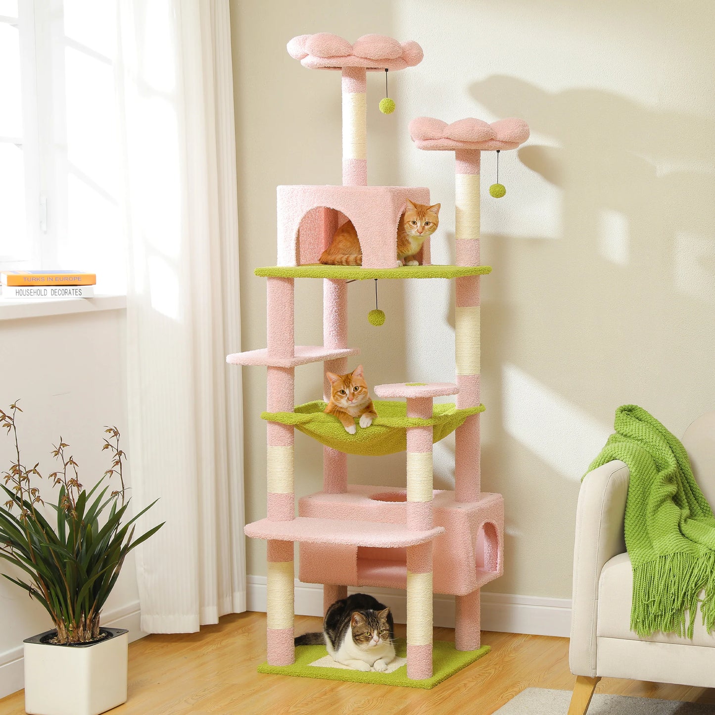 Cat Trees  in pink colour With Cats Playing Happily 