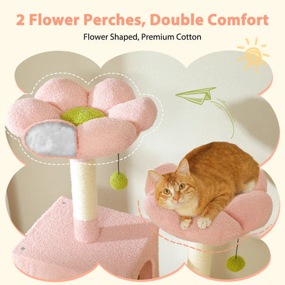 Cat Trees With Cats Playing Happily with 2 flower perches 