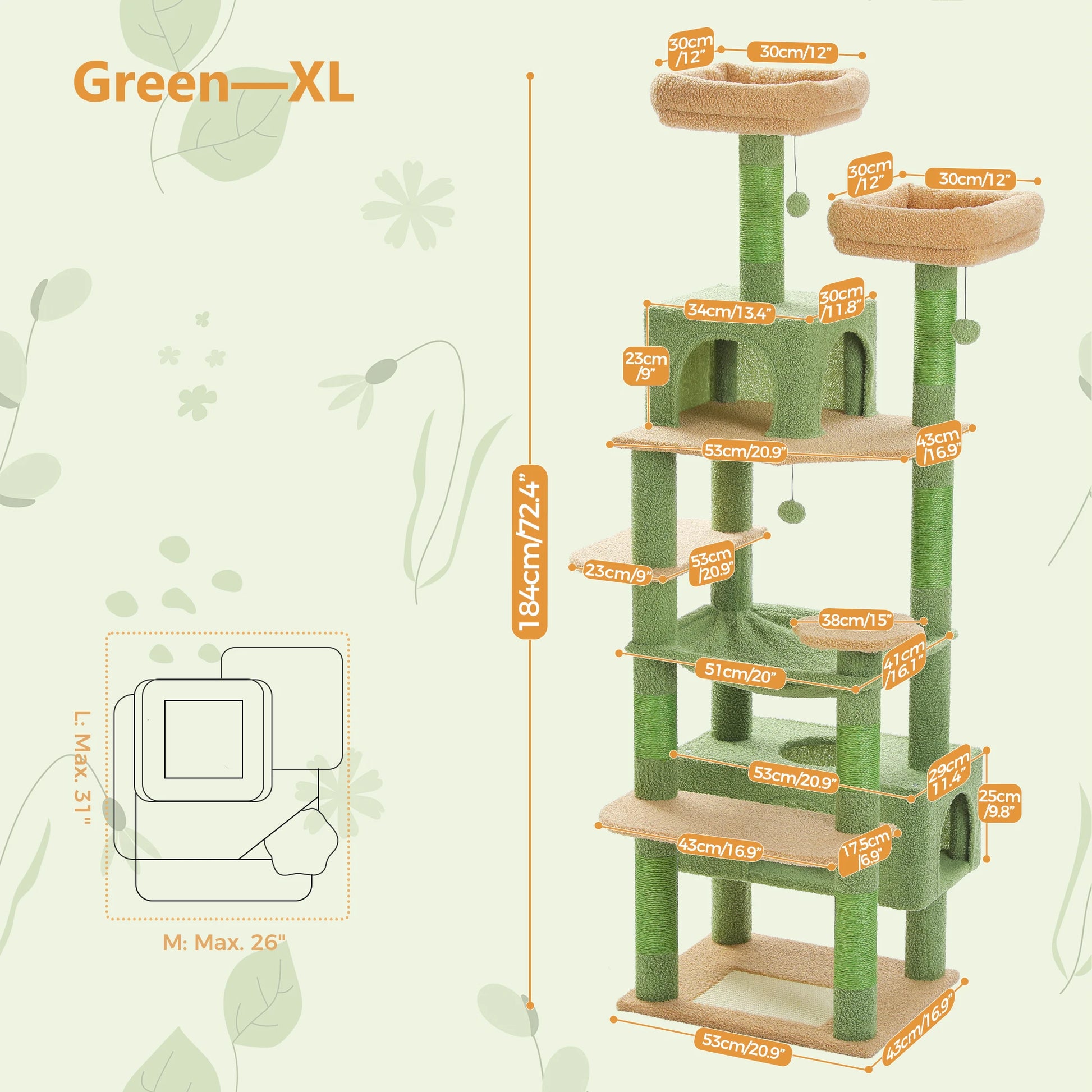 Cat Trees With Cats Playing Happily showing the full dimensions 