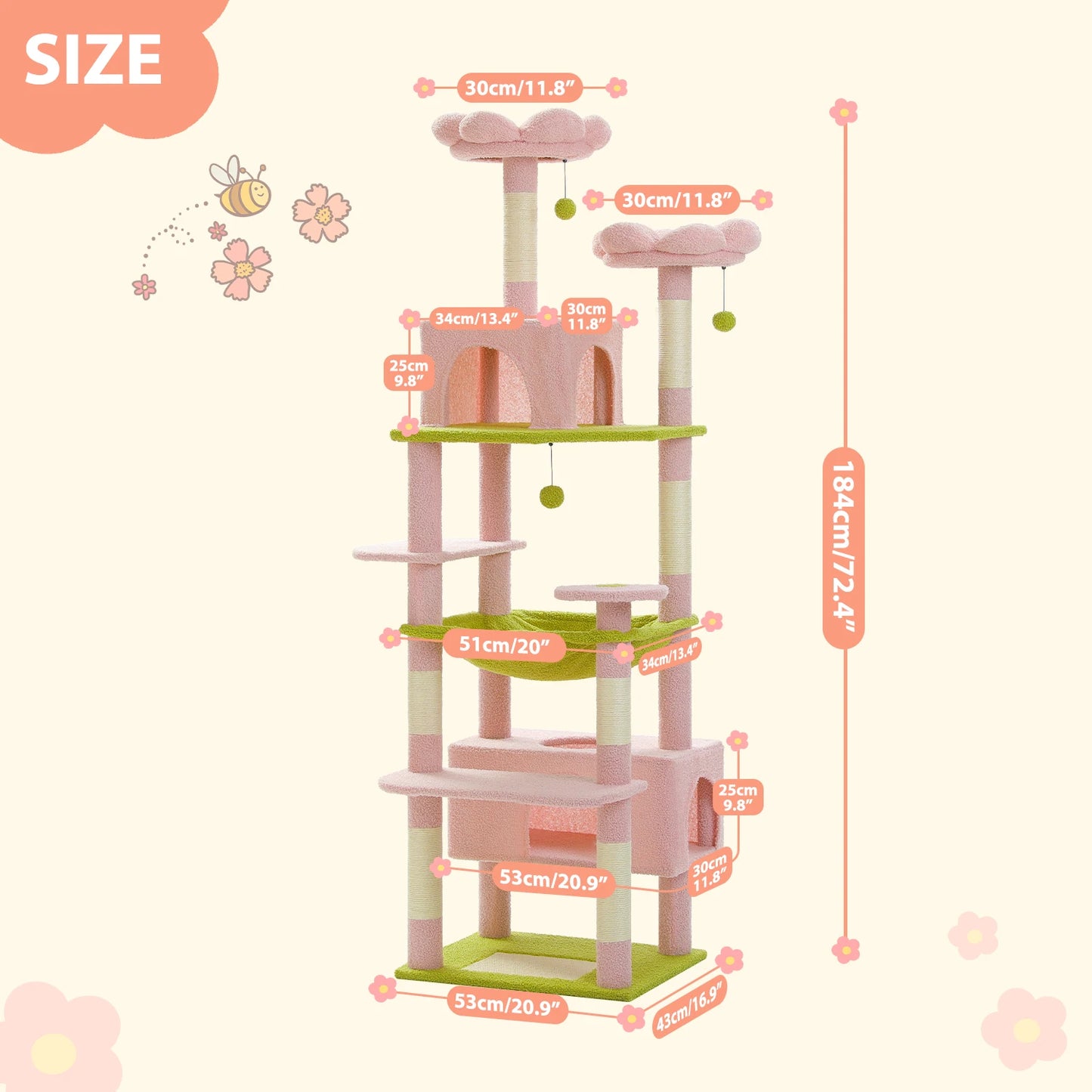 Cat Trees in a peach colour showing the size 