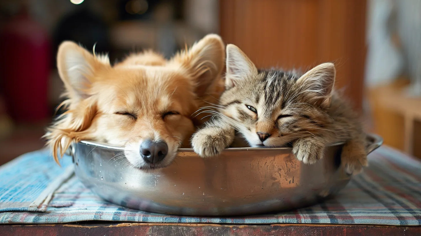 A corgi and a tabby cat fall asleep inside a food bowl, their bellies are full 