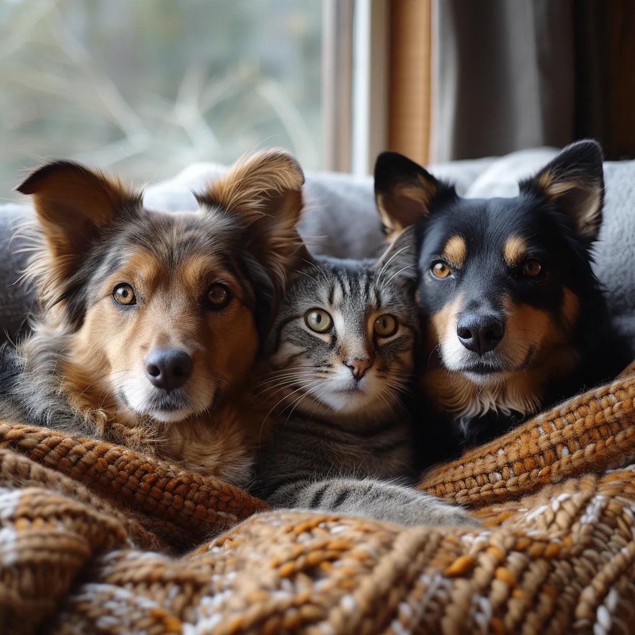 Two Dogs and a cat sniuggle tightly together in a sunlight room