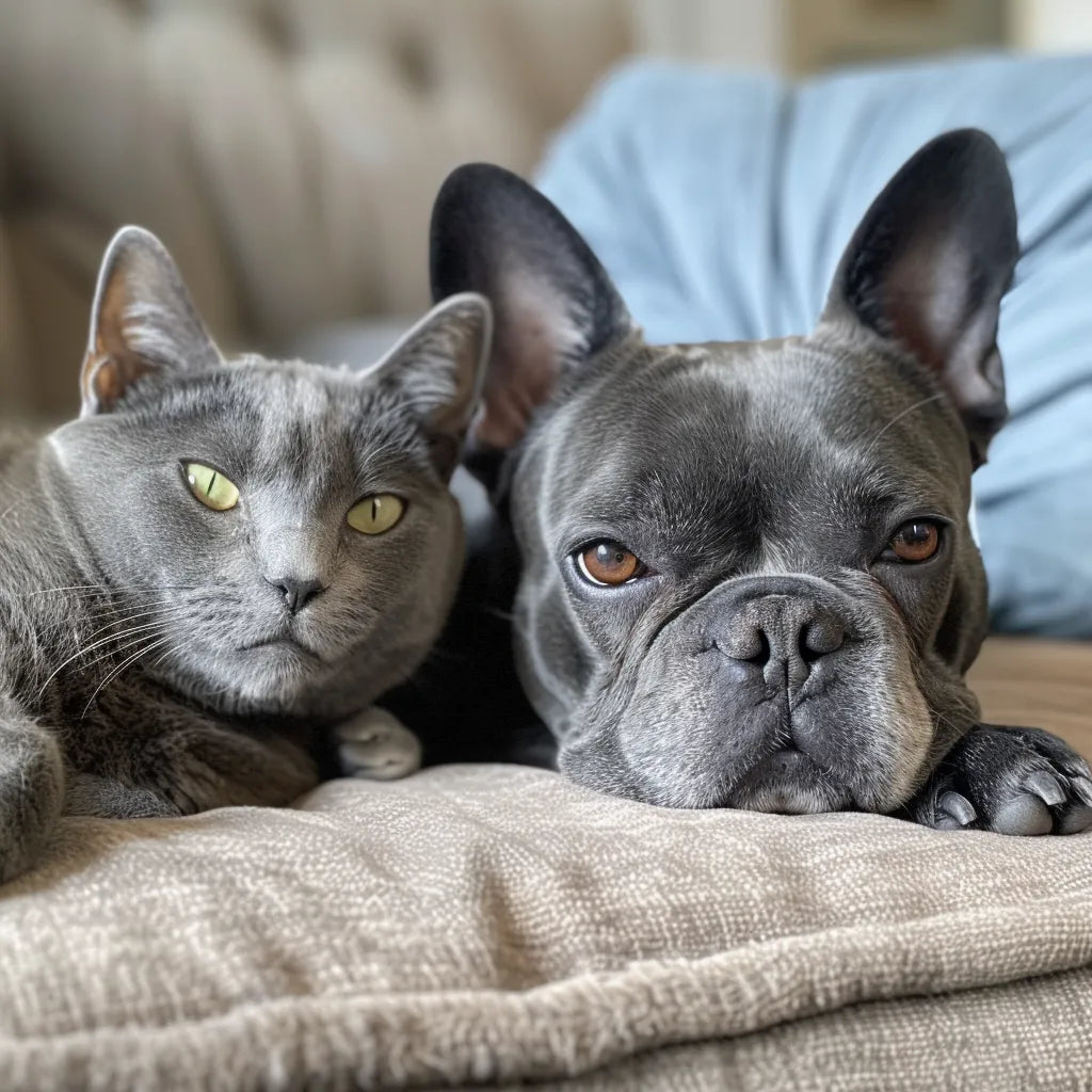 A Russian Blue Cat and a French Bulldog Stare in anticipation of their owner throwing a ball 