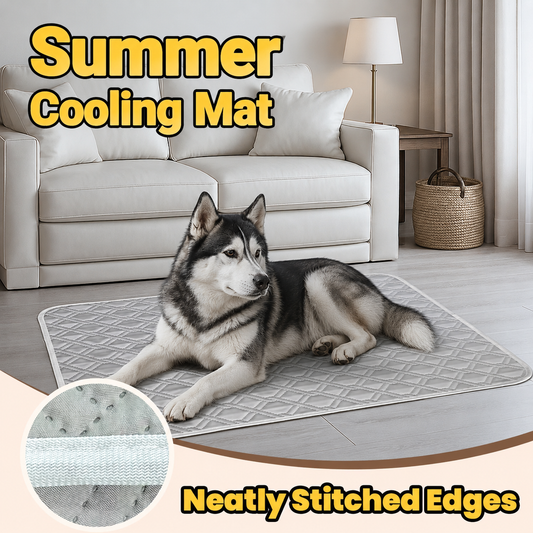 Husky dog lying on extra large gray self-cooling gel mat in living room with close-up of neatly stitched fabric edge