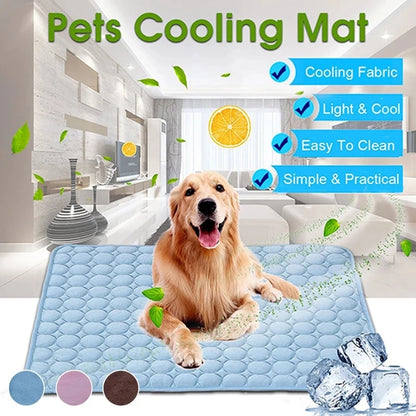 A golden retriever sits on a blue Cooling Dog Mat in a modern, bright living room. 