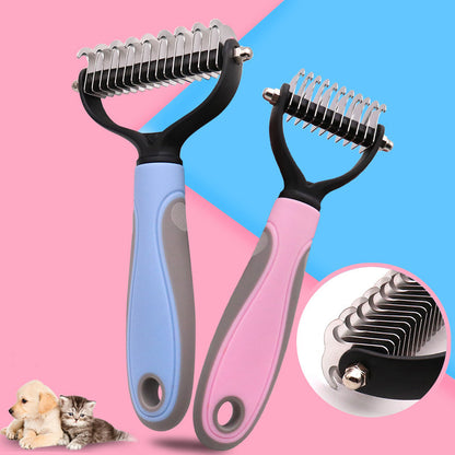 Image of a deshedding brush with pets, highlighting its suitability for various sizes.