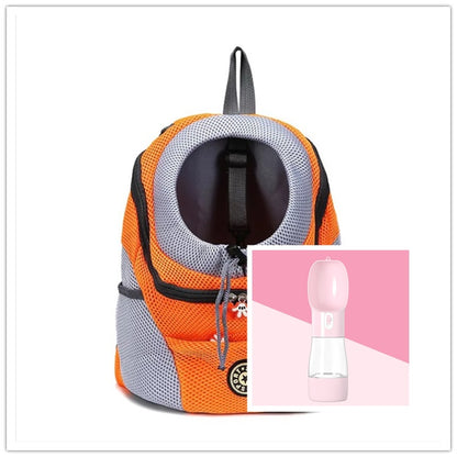 Orange Dog Backpack with a pink water bottle 