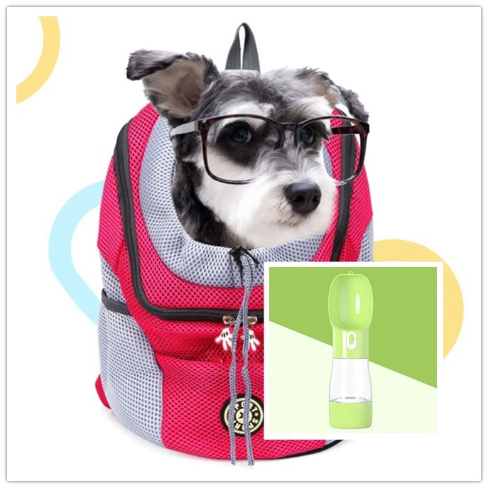 Red Dog Backpack with a green bvottle and a hapy dog 