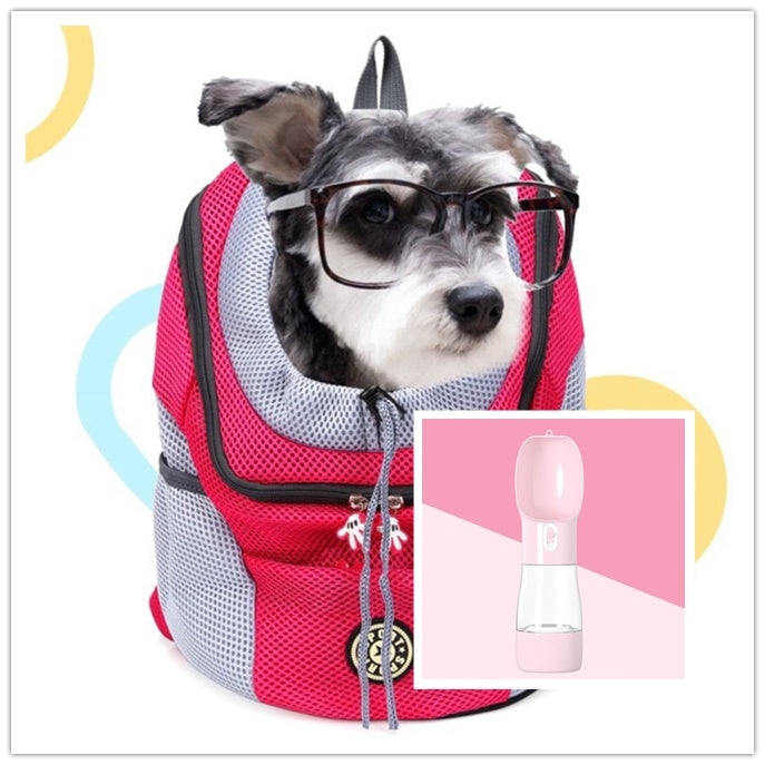 Red Dog Backpack with a happy dog and a pink water bottle 