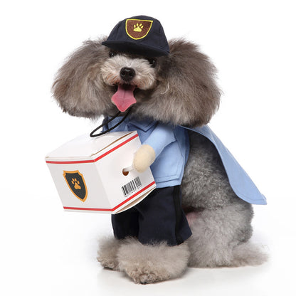 A fluffy dog as a UPS delivery driver 