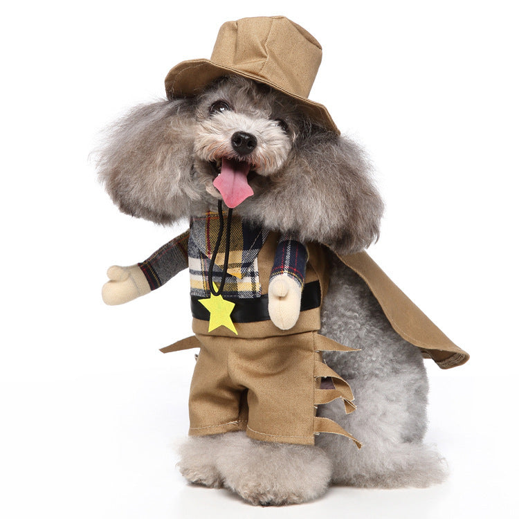 A fluffy dog dressed as a sheriff 