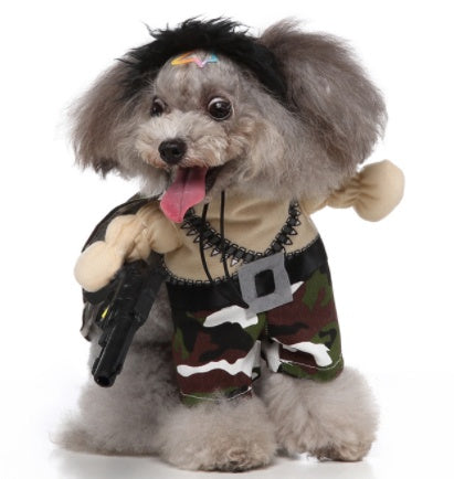 A fluffy dog dressed in army clothes 