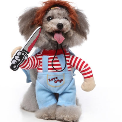 A fluffy dog dressed as chucky the killer doll 