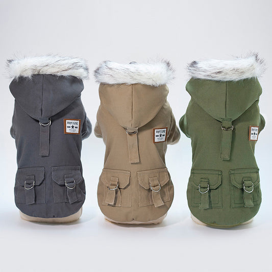 Three stylish dog hoodies in gray, beige, and green, featuring faux fur hoods and pockets.