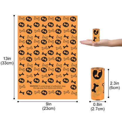 A hand holds an orange bag with paw prints, emphasizing durability and leak-proof design for dog poop bags. 