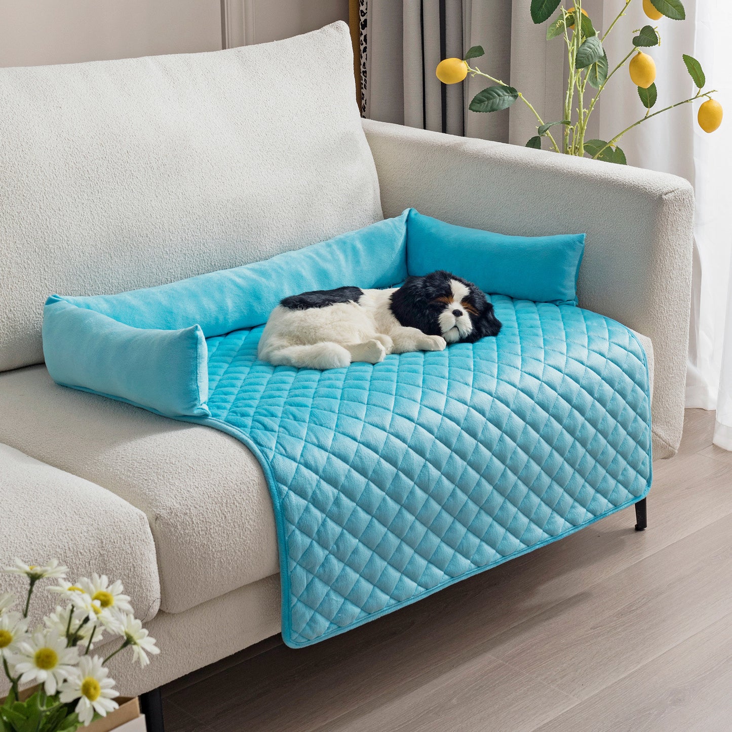 Dog Sofa Bed in a blue colour, Waterproof and comfortably protecting your sofa while pampering your pet. 