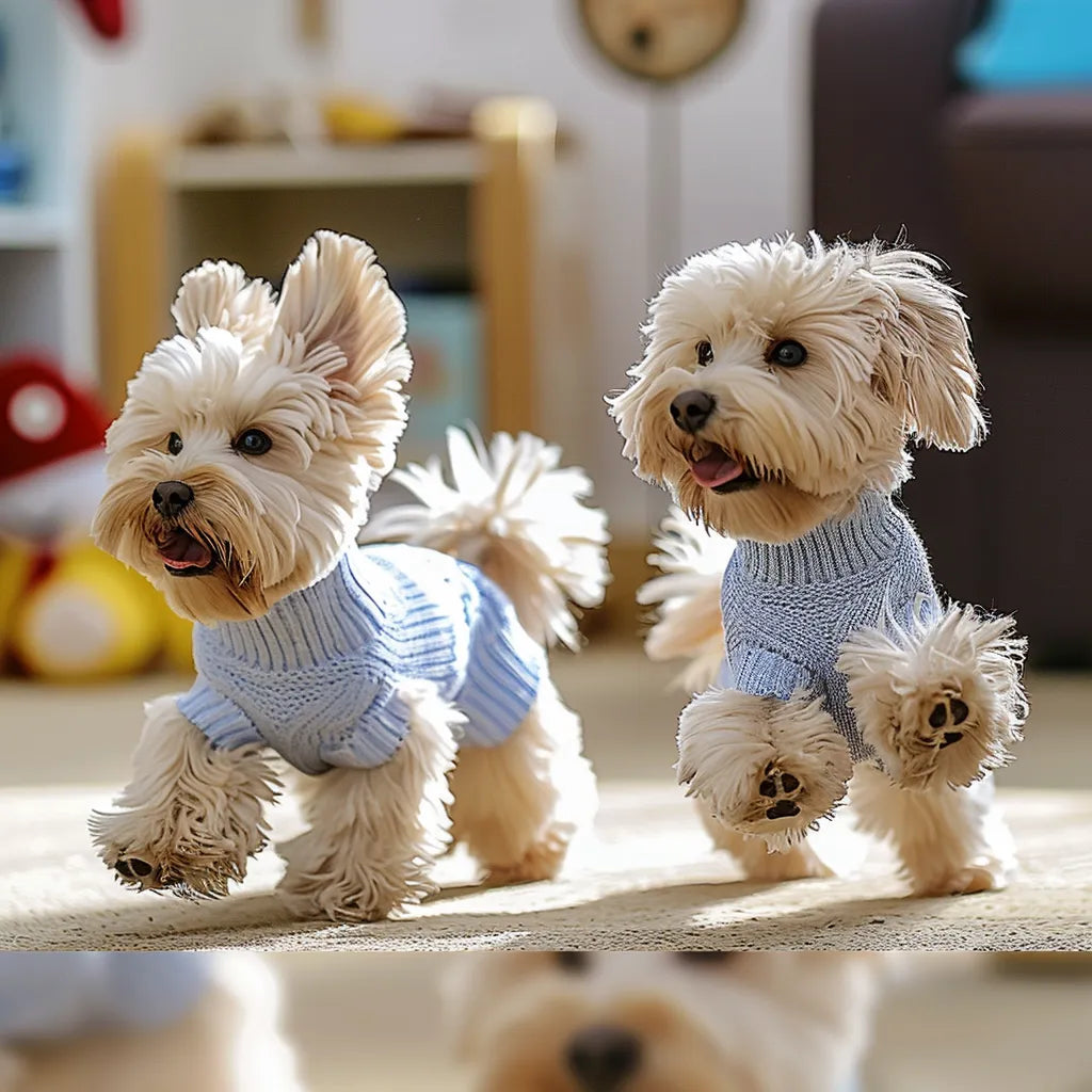 Two happy dogs in light blue sweaters joyfully running across a sunlit room.