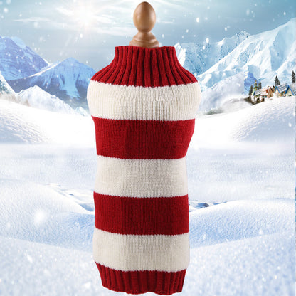 Cozy red and white striped Dog Sweater against a snowy mountain backdrop. 