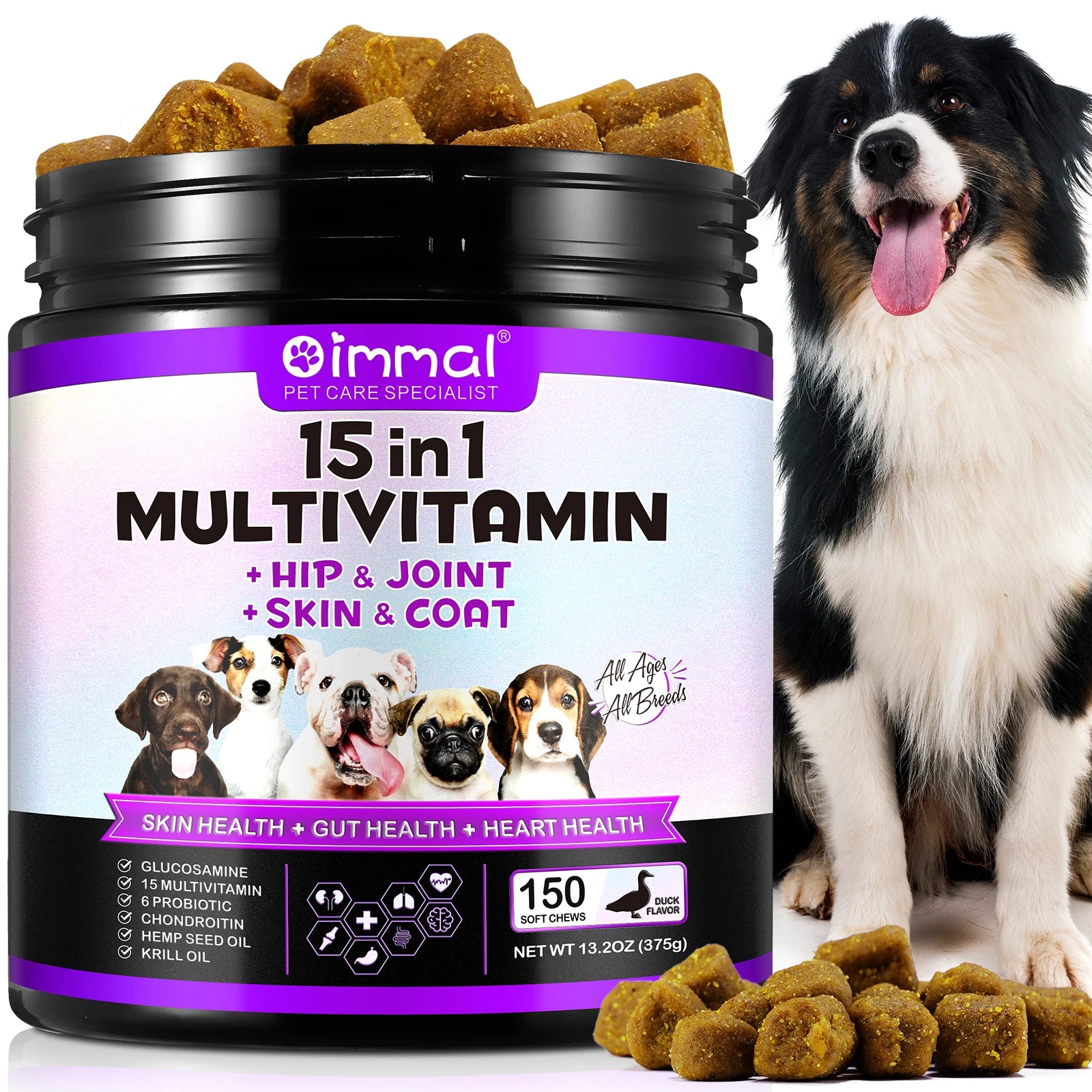 Dog Vitamins showing the tablets and a dog 