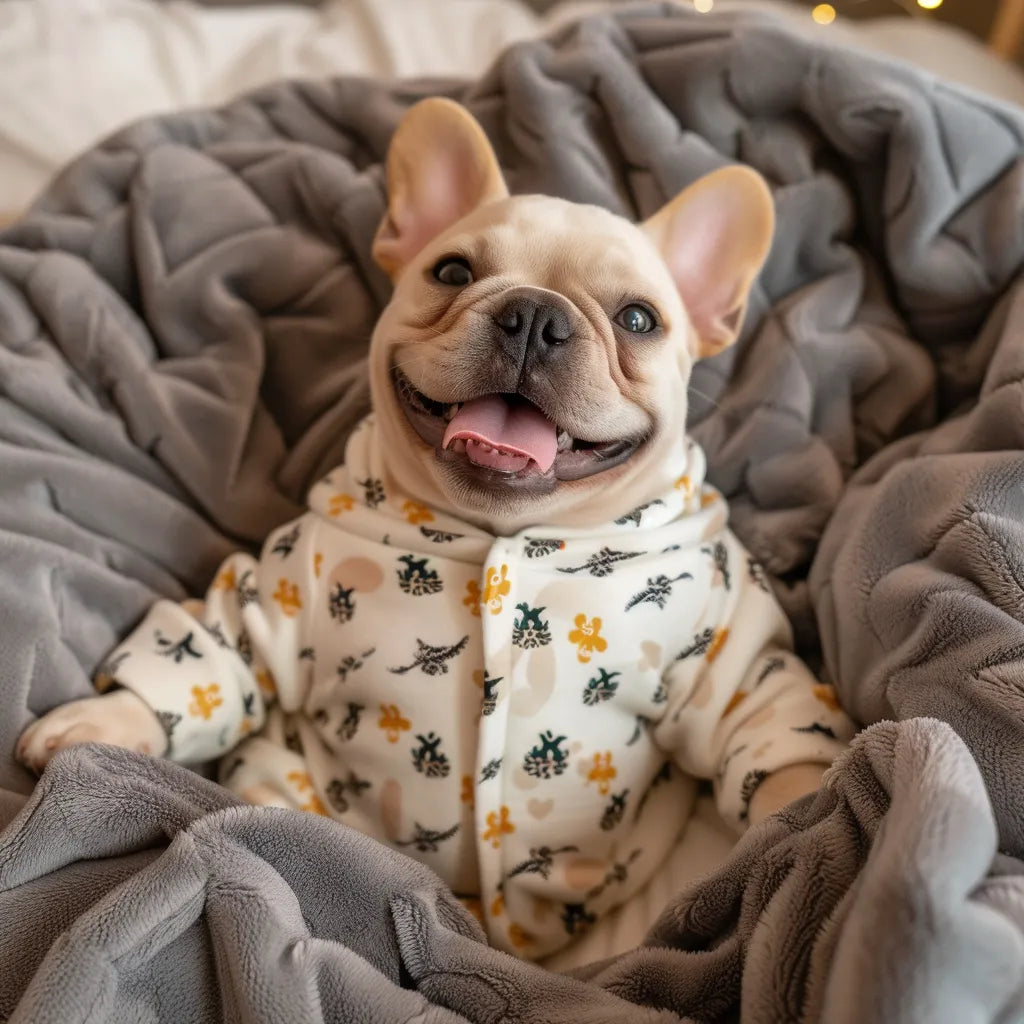 French Bulldog dressed in a warm dog jumper nestled in a comfy bean bag 